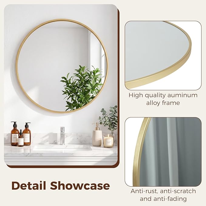 NEWBULIG 30 Inch Round Wall Mirror, Bathroom Mirror for Over Sink, Matte Metal Framed Circle Vanity Mirror, Wall Decor for Bedroom, Anti-Rust, Tempered Glass, Hanging or Leaning, Classic Gold