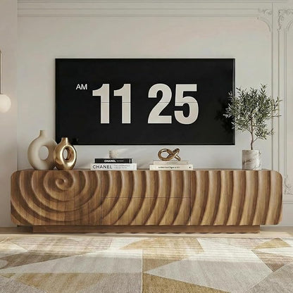 TV stand for 65'' TV , Media Console Table with Storage Cabinet, Spiral Wave Design,Low Profile Credenza for Living Room,Entertainment Center Television Stand with Curved Corner for Bedroom Walnut