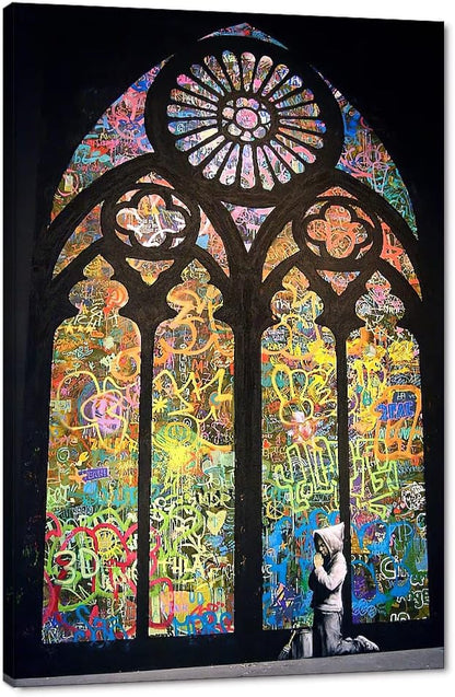 Modern Graffiti Wall Art Decor Praying Boy Kid In Cathedral Pictures Artwork Colorful Doodle Picture for Home Living Dining Room Office Decoration Stretched and Framed Ready to Hang(24''W x 36''H)