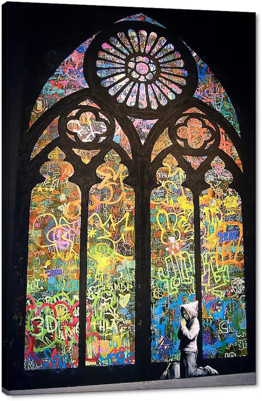 Modern Graffiti Wall Art Decor Praying Boy Kid In Cathedral Pictures Artwork Colorful Doodle Picture for Home Living Dining Room Office Decoration Stretched and Framed Ready to Hang(24''W x 36''H)