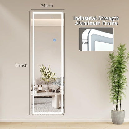 Koonmi Full Length Mirror with LED Lights, 65"x24" Lighted Mirror with Dimming & 3 Color Lighting, Big Mirror for Bedroom, Dressing Room, Rectangle,White