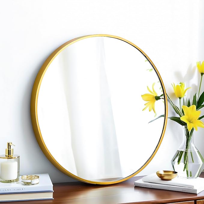 SCWF-GZ 20" Round Mirror Circle Wall Mounted Hanging or Against Wall Metal Frame Dressing Make-up Mirrors for Entryway Bedroom Bathroom Living Room 20 inch Gold