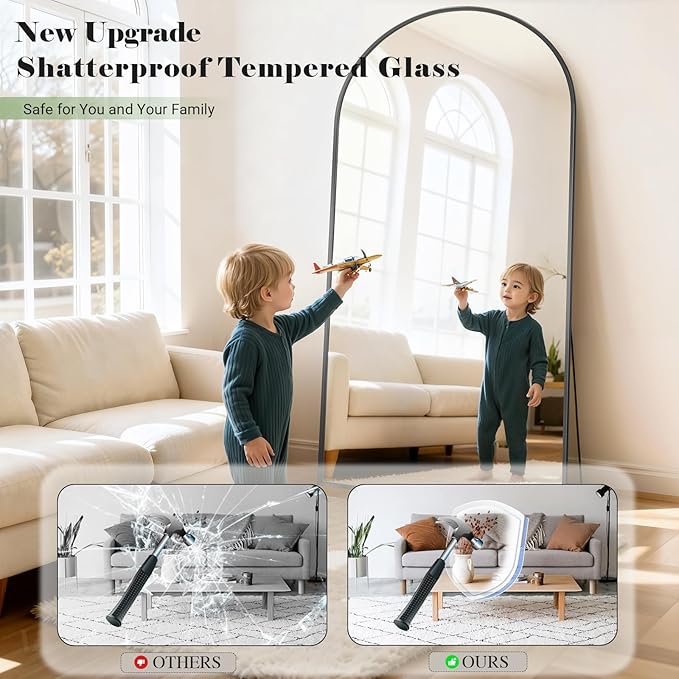 Full Body Mirror 26x71 inch Arched Full Length Mirror with Stand Aluminum Wall Mounted Hanging or Leaning Standing Mirrors, Black