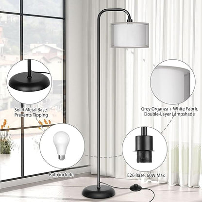 PARTPHONER LED Floor Lamp for Living Room, Modern Standing Lamp with Foot Switch Grey Organza Fabric Shade Tall Pole Reading Lamp for Bedroom Study Room Office, 9W Bulb Included
