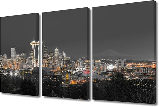 TUMOVO Seattle Downtown Skyline Canvas Paintings Wall Art 3 Panel City Skyscrapers Skyline Wall Decor for Living Room, Bedroom, Bathroom, Office. Framed Ready to Hang (36" Wx24 H)