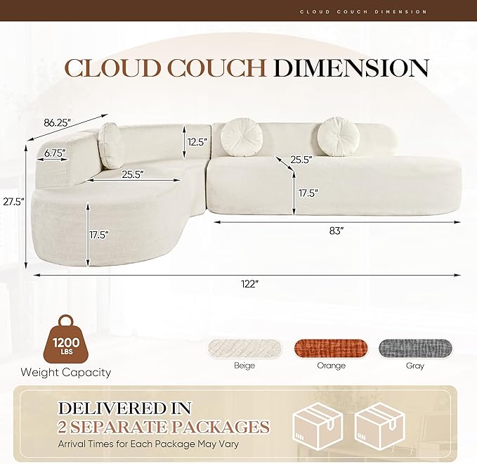 Deep Seat Curved Sectional Sofa - Cloud Round Couch with Elegant Curved Design & 3 Round Cushions, L-Shaped Comfy 4 Seater Floor Sofa, No Assembly Required (Beige)