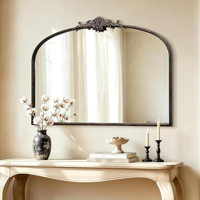 Besdomus Vintage Arched Black Mirror: 40"x29" French Large Arch Antique Wall Decorative Mirror - Baroque Traditional Ornate for Entryway/Bedroom/Fireplace/Bathroom- Home Decor for Interior Designers