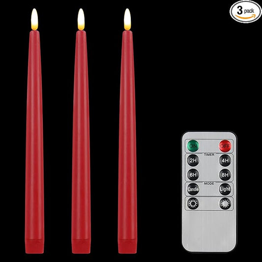 CVHOMEDECO. Flameless Taper Candles with 10-Key Remote, Battery Operated Led Flickering 3D Wick Window Candles Real Wax Finished Home Christmas Party Decor 0.78 x 11 Inch, Pack of 3, Red