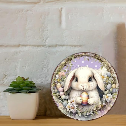Easter Round Bunny Floral Wreath Metal Sign Design Rustic Farmhouse Decor For Spring Home Door Wall Seasonal Display 8X8Inch