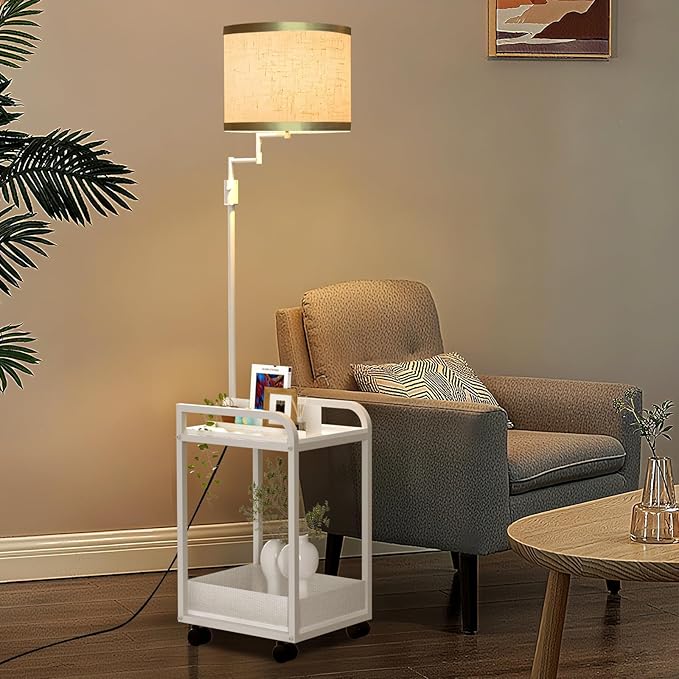 Lightdot 63IN Floor Lamps with Table&Basket, Modern Standing Tall Lamps with Adjustable Fabric Shade and Movable Casters, End Table Lamp for Living Room/Sofa Beside/Corner Decor-White(Bulb Included)