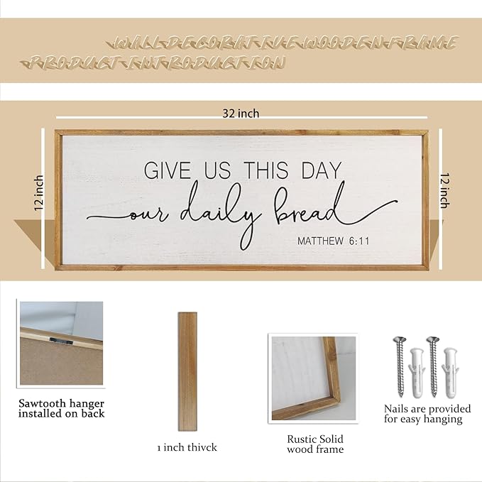 comurdyo Dining Room Wall Decor Give Us This Day Our Daily Bread Sign 32"x12" Religious Catholic Praye Matthew 6:11 Bible Verse Quotes Plaque Modern Simple Kitchen Dining Room Wall Hanging (Wood)