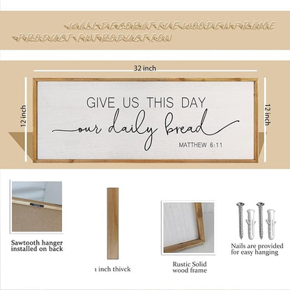 comurdyo Dining Room Wall Decor Give Us This Day Our Daily Bread Sign 32"x12" Religious Catholic Praye Matthew 6:11 Bible Verse Quotes Plaque Modern Simple Kitchen Dining Room Wall Hanging (Wood)