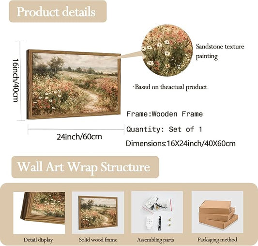 Vintage Floral Wall Art Nature Country Wildflower Wall Decor Painting Modern Botanical Flower Farmhouse Landscape Artwork 3D Textured Sandstone for Living Room Bedroom 16x24 inch Wood Framed