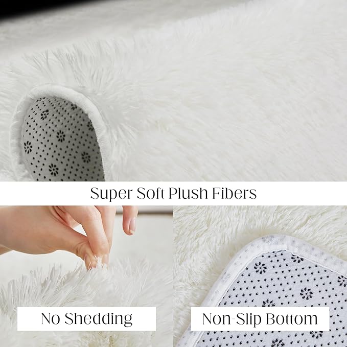 Puremy Fluffy White Rugs for Bedroom, 5x7 Plush Cream Area Rugs for Living Room, Non-Slip Shag Floor Carpet for Kids Room, Girls Room, Bedside, Playroom, Indoor Decor