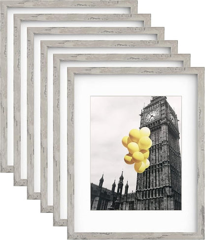 Picture Frames 11x14 Set of 6, Distressed Grey Photo Frame, Display Pictures 8x10 with Mat or 11x14 Without Mat, Washed Farmhouse Frame
