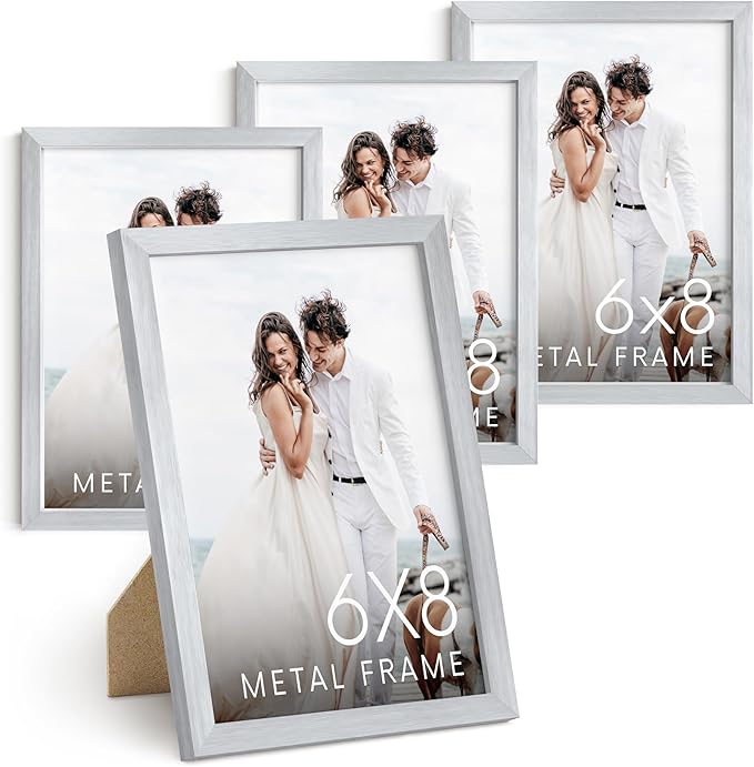 HAUS AND HUES 6x8 Silver Metal Picture Frames - Premium Aluminum Photo Display with Vertical Hanging & Tabletop Stand (6x8 in, Silver, Set of 4)