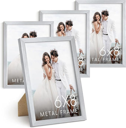 HAUS AND HUES 6x8 Silver Metal Picture Frames - Premium Aluminum Photo Display with Vertical Hanging & Tabletop Stand (6x8 in, Silver, Set of 4)