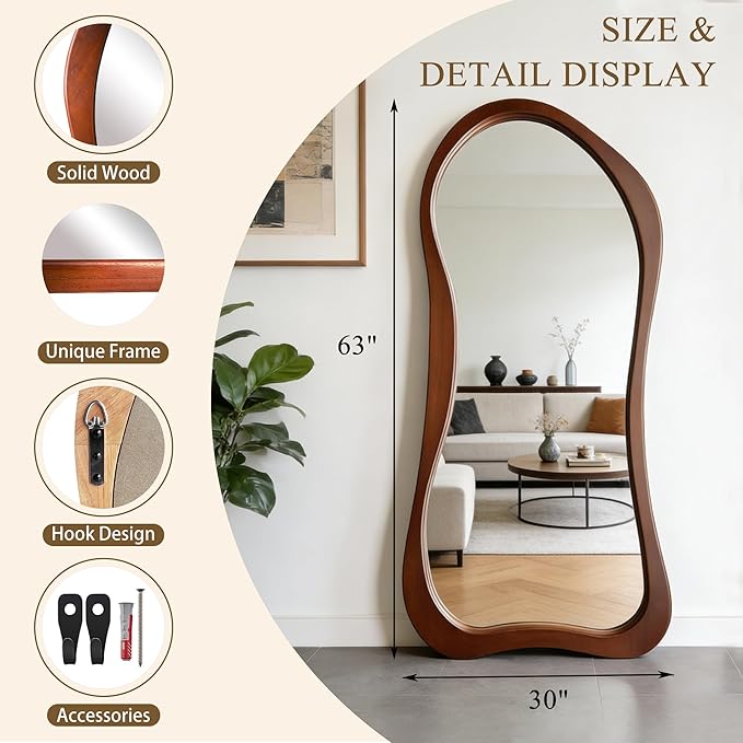 Large Irregular Mirror, 63"x30" Asymmetrical Aesthetic Mirrors with Solid Wood Frame, Premium Organic Shape Floor Mirror for Living Room Entryway Hallway Bedroom Cloakroom, Leaning/Hanging
