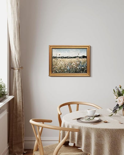 Bzstyleart Vintage Wall Art Decor for Living Room, Framed Landscape Wall Art Bedroom, Meadow with Flowers, Vintage Room Decor, Paintings for Bedroom, 12 x 16 Inch