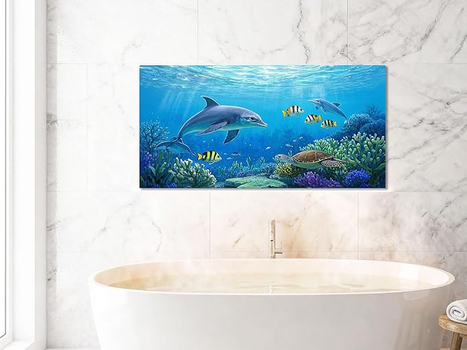 Ardemy Ocean Life Wall Art 40"x20" Picture, Waterproof Canvas Print with Dolphins and Sea Turtles, Underwater Scene for Bathroom, Kids Room, Living Room Coastal Decor