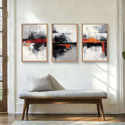 HOURIA Modern Abstract Framed Canvas Wall Art Set,Neutral Black and Orange Wall Decor,Textured Gray White Wall Painting,Pastel Strokes Art Prints for Living Room, Bedroom, Farmhouse-24 x36 x3