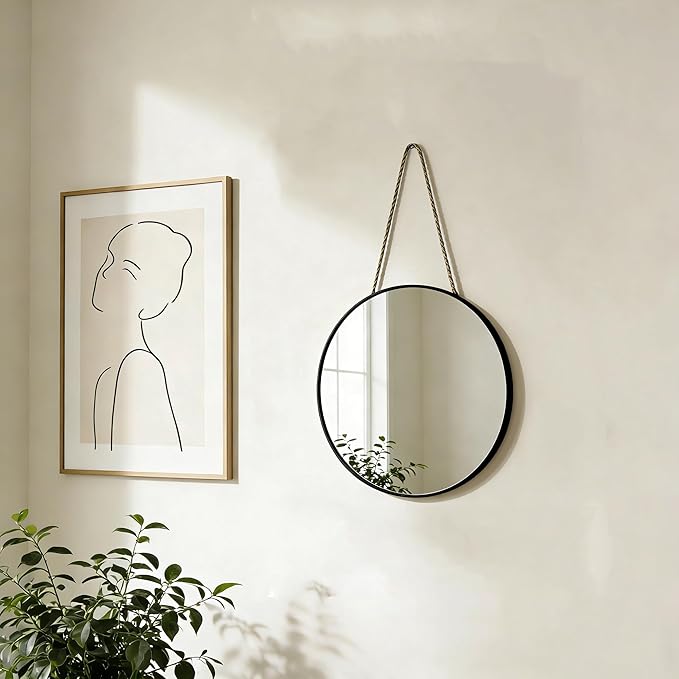 Round Wall Mirror Door Mirror PVC Plastic Frame (Black, 8.66 inch)