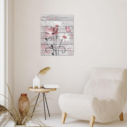 HVEST Farmhouse Pink Floral Wall Art for Bathroom, Pink and White Daisy Butterfly on Rustic Wood Canvas Wall Art Nature Flower Pictures for Living Room Bedroom Apartment Wall Decor,12L X 12W inches