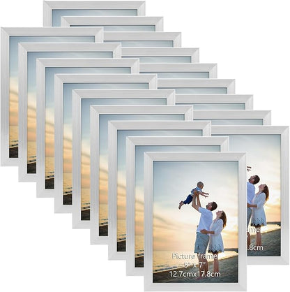 Hoikwo 18 Packs 5x7 Silver Multi Plastic Picture Frames Set with Plastic Cover for Family Photos, Artwork, Light Weight Bulk 5 by 7 Frames Pack for Wall Hanging and Table, Stylish Picture Frames