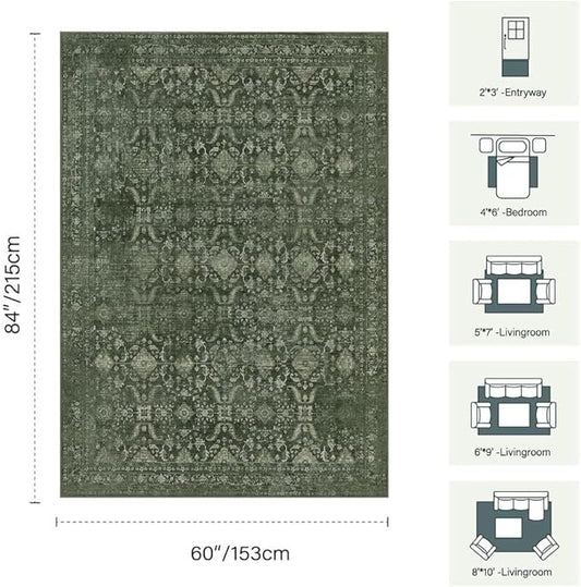 Rugxara 5x7 Area Rugs for Living Room Bedroom, Washable Rug, Green Vintage Floral Boho Rug, Non Slip & Low Pile Faux Wool Thin Carpet for Indoor Dining Room and Kids Room(Green 5x7ft)