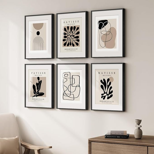 Framed Neutral Abstract Wall Art for Living Room, Set of 6 Minimalist Black Beige Prints Artwork for Walls, Modern Matisse and Geometric Pictures for Bedroom Dining Room Bathroom Wall Decor 11x14 In