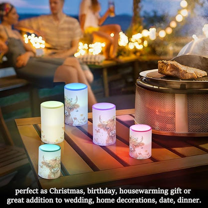 ALAZA Kawaii Highland Cow Butterflies Flickering Flameless Candles Battery Operated with Remote Timer,Tea Light Candles LED Pillar Votive Candles Set of 2 for Outdoor Indoor Decorations
