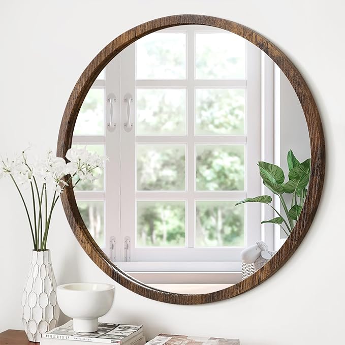 JJUUYOU Round Wall Mirror 16" Hanging Circle Mirror Round Mirrors for The Bathroom Wooden Farmhouse Frame Mirrors for Bedroom Living Room or Entryway Wall Decorative