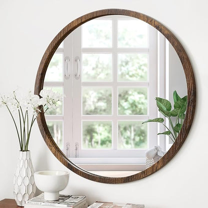 JJUUYOU Round Wall Mirror 16" Hanging Circle Mirror Round Mirrors for The Bathroom Wooden Farmhouse Frame Mirrors for Bedroom Living Room or Entryway Wall Decorative