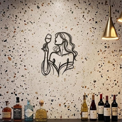 LIYAOLI 3D Metal Wall Sculpture Decor - Black Wall Art of Woman Drinking Wine, Waterproof Kitchen Line Art, Unique Modern Metal Art for Dining Room, Bar, Living Room, Bedroom