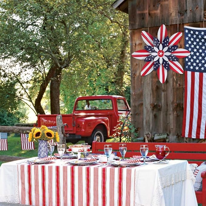 hogardeck 4th of July Decorations Outdoor, 16 inch Red White and Blue Metal Flower Wall Art for Fourth of July Decor, Patriotic Decorations for Yard Garden Home Indoor Mantel