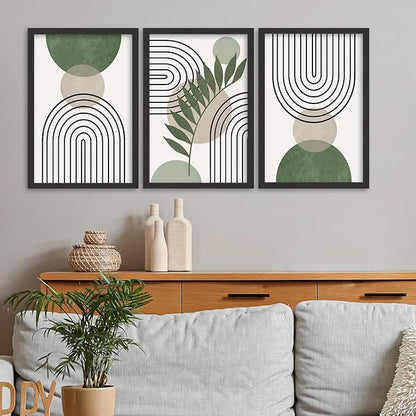 SRSZHIYUE Green Sage Boho Wall Art 16"×11" Set of 3 Abstract Framed Prints Modern Farmhouse Minimalist Geometric Line Leaf Bathroom Sign for Family Living Room Pictures Office Wall Hang Decor (Black)