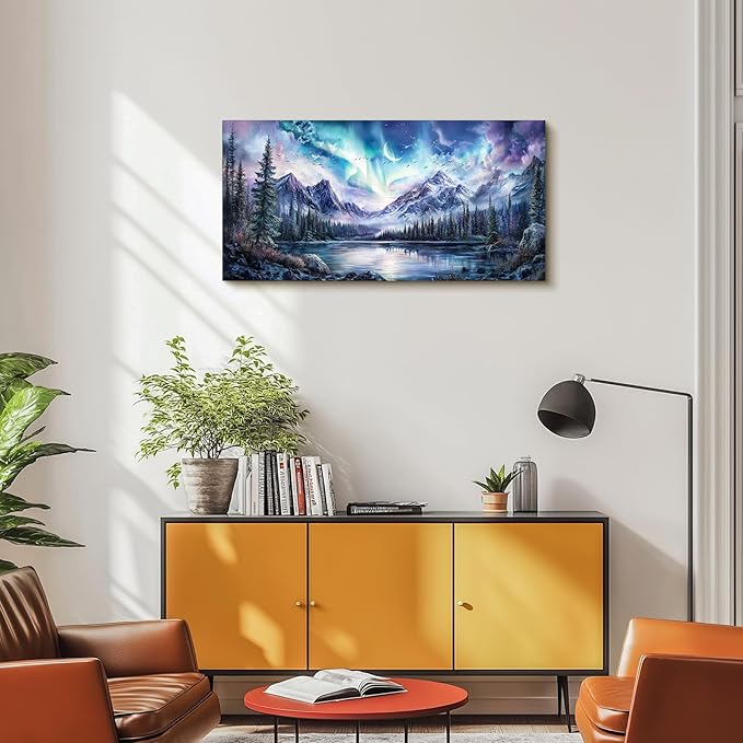 SERIMINO Aurora Landscape Large Wall Art, Mountain Forest Lake Nature Decor Art Prints, Fantasy Nightscape Artwork for Walls, Moonlit Night Canvas Art Wall Decor Living Room Bedroom Office 20"X40"