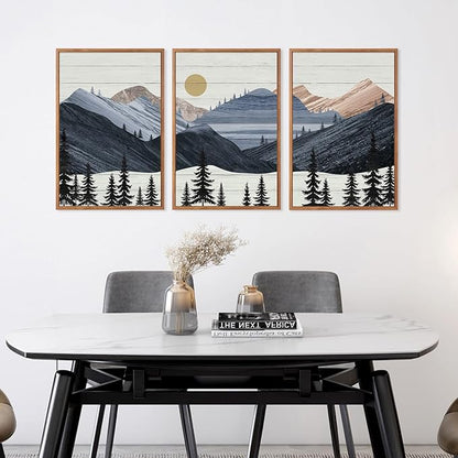 KAIRNE Mountain Canvas Wall Art,Abstract Landscape Wall Decor Set of 3(16”X24”),Sunrise Pine Forest Nature Prints,Wilderness Scenery Pictures for Living Room Bedroom Farmhouse Office Decor,Framed