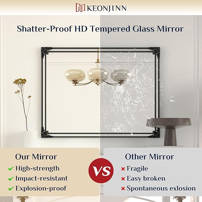 Keonjinn Vintage Mirror for Wall, 30" x 36" Antique Rectangular Black Mirrors with Metal Frame, Baroque Style Decoration for Mantle, Bathroom, Living Room, Fireplace, Bedroom, HD Shatterproof Glass