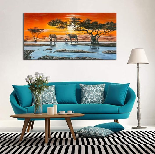 Wieco Art African Elephants Giclee Canvas Prints Wall Art Modern Extra Large African Landscape Animals Paintings Reproduction Pictures Artwork for Living Room Home Decorations