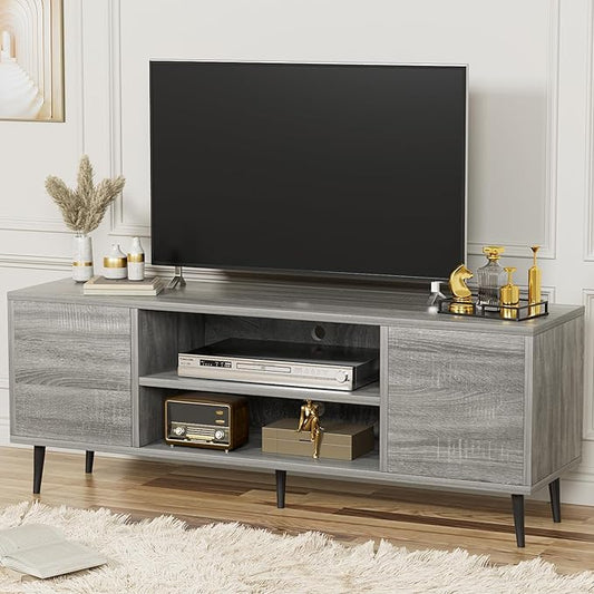 YESHOMY Modern TV Stand for 65" Television, Entertainment Center with Two Storage Cabinets, Retro Style Media Console for Living Room, Bedroom, Office, 58 Inch Classic, Light Gray