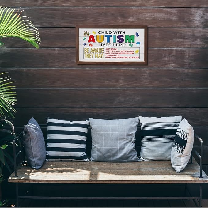 Autism's Family Home Decor, Colorful Autism Awareness Sign, Autistic Support Wooden Plaque, Framed Hanging Signs, Decorative Wood Wall Art, Child With Autism Lives Here Sign, 15×7.5×0.3 inches