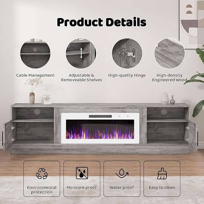 Lemberi Fireplace tv Stand with 36 inch White Fireplace Up to 90" TVs, LED Light Entertainment Center and Storage, 80" Modern Wood Media TV Console with Highlight Cabinet for Living Room (Gray)