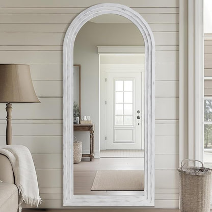MELOMOIR Arched Full Length Mirror with Solid Wood Frame, 71"x32" Rustic Farmhouse Large Floor Mirror with Stand, Free Standing Leaning Hanging, for Bedroom Living Room Dressing Room, Weathering White