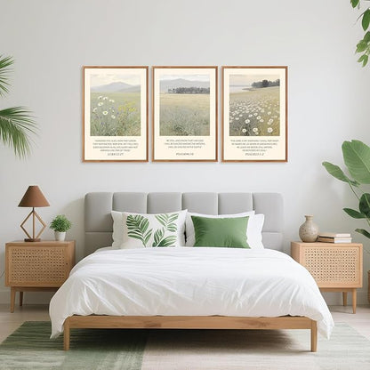 Aurlan Christian Bible Verses Scripture Framed Wall Art(16"x24"), 3PCS Boho Wildflowers Landscape Nature Canvas Artwork, Religious Luke12:27 Psalm46:10 Psalm23:1-2 Jesus Faith Gift Decor for Home Office Bedroom