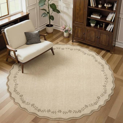 GarveeHome Round Area Rugs 8ft for Living Room, Large Solid Jute Washable Circle Rug Soft Non Slip Forest Animal Print Floor Mat Tan Carpet Indoor Thin Rug for Bedroom Dining Room Playroom Nursery