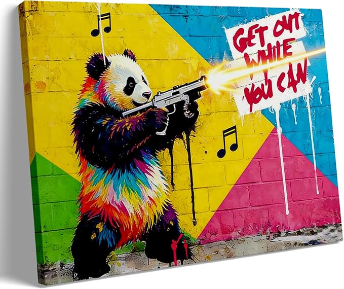 12x16 Inch Colorful Graffiti Panda with Gun Canvas Wall Art Painting- "Get Out While You Can" Street Art Print, Modern Pop Art Wall Decor Poster for Kids/Teen Boy/Child Bedroom Bathroom Living Room