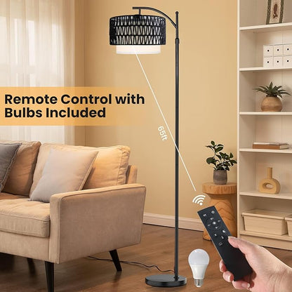 Yusist Arc Floor Lamp for Living Room,Farmhouse Floor Lamps with Remote Control & Dimmable Bulb,Black Rattan Boho Tall Standing Lamp for Bedroom Office
