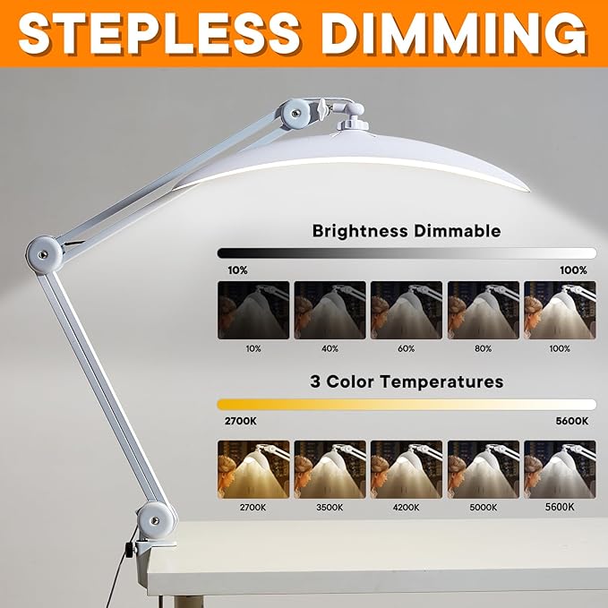 48W Eye-Caring LED Clip On Desk Lamp, 2700K/4200K/5600K with Clamp and Remote, Curved Design for Focused Lighting, CRI 95+ for Nail, Crafting, Painting, Hobby & Computer Monitor Light