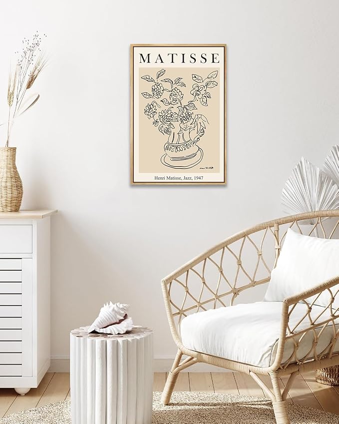 Zzuyi Henri Matisse Framed Wall Art,Flower Abstract Minimalist Black and Beige Vintage Canvas Painting,Boho Flower Art Prints-16''x24''Natural Framed